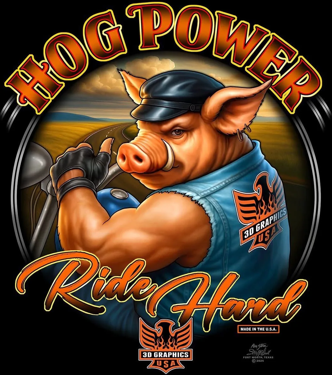 ภาพต้นฉบับลาย HOG POWER · RIDE HARD วาดโดย Steve McDonald