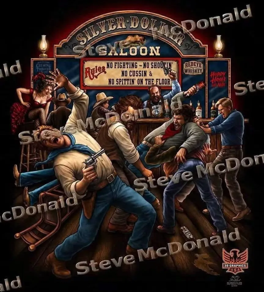ภาพวาดต้นฉบับลาย SILVER DOLLAR SALOON ภาพเล่าเรื่องยุคตะวันตก — 3D Graphics USA