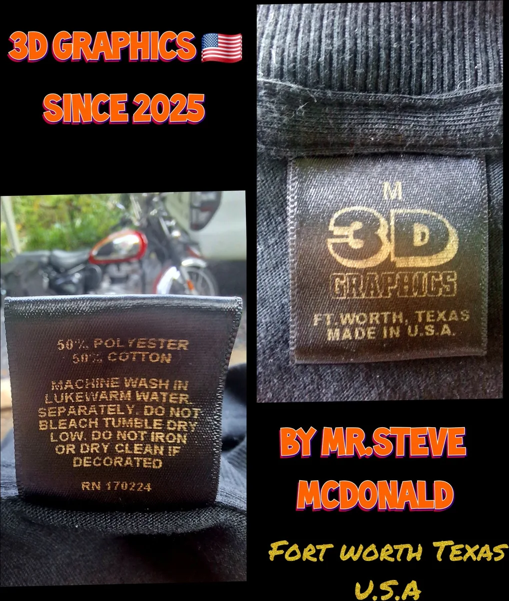 ป้ายคอเสื้อ 3D Graphics ทอชื่อ Ft. Worth Texas Made in U.S.A. และป้ายส่วนผสม Cotton 50% Polyester 50%