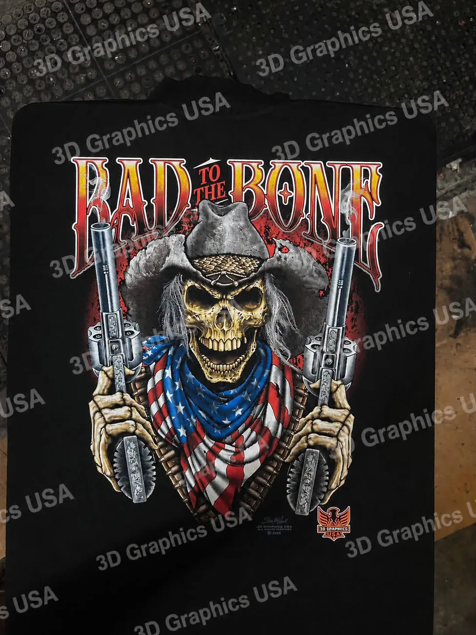BAD TO THE BONE · เสื้อจริงจากหน้างานพิมพ์ — เสื้อยืดสกรีน 3D Graphics USA