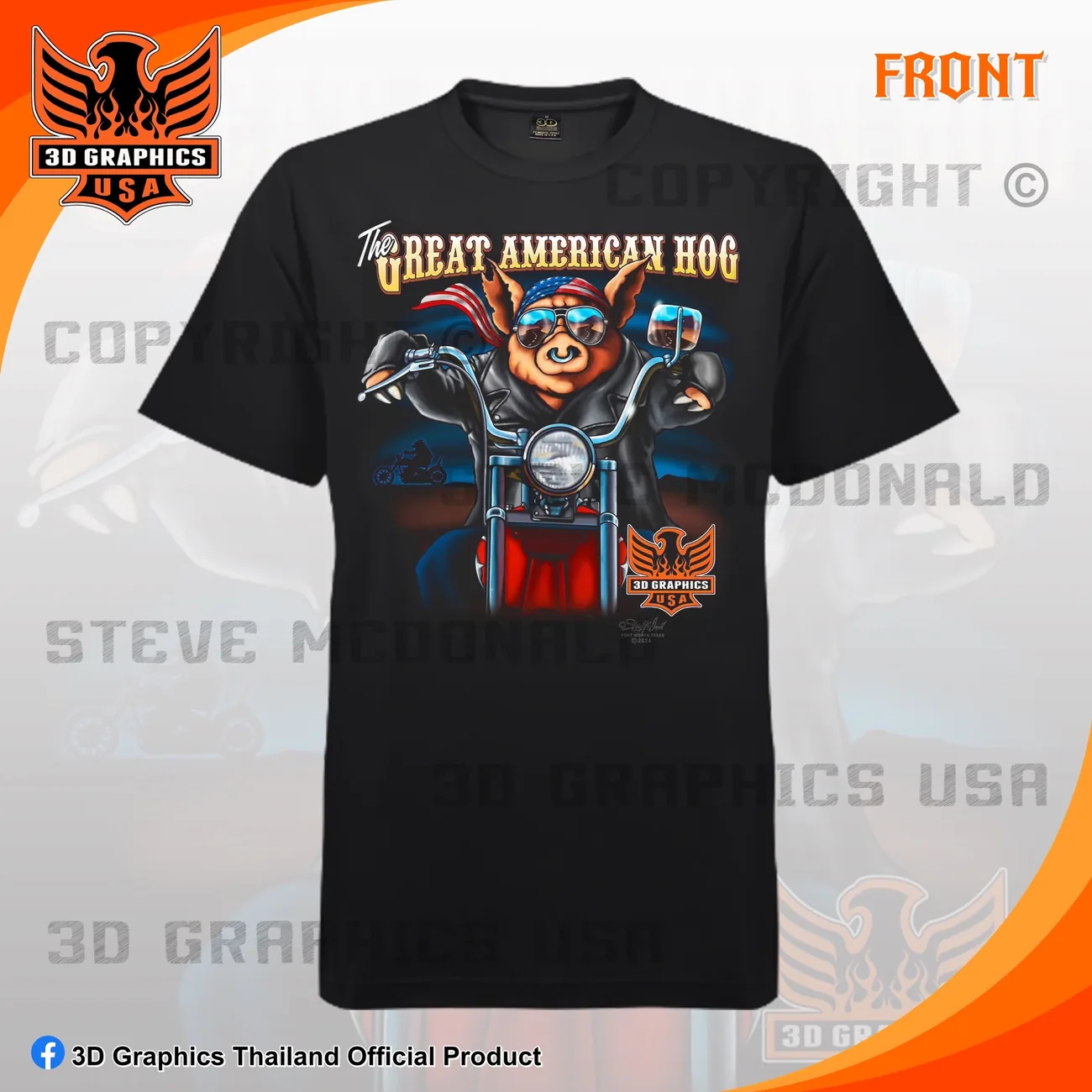 เสื้อยืดสกรีน 3D Graphics USA ลาย THE GREAT AMERICAN HOG สีดำ ด้านหน้า