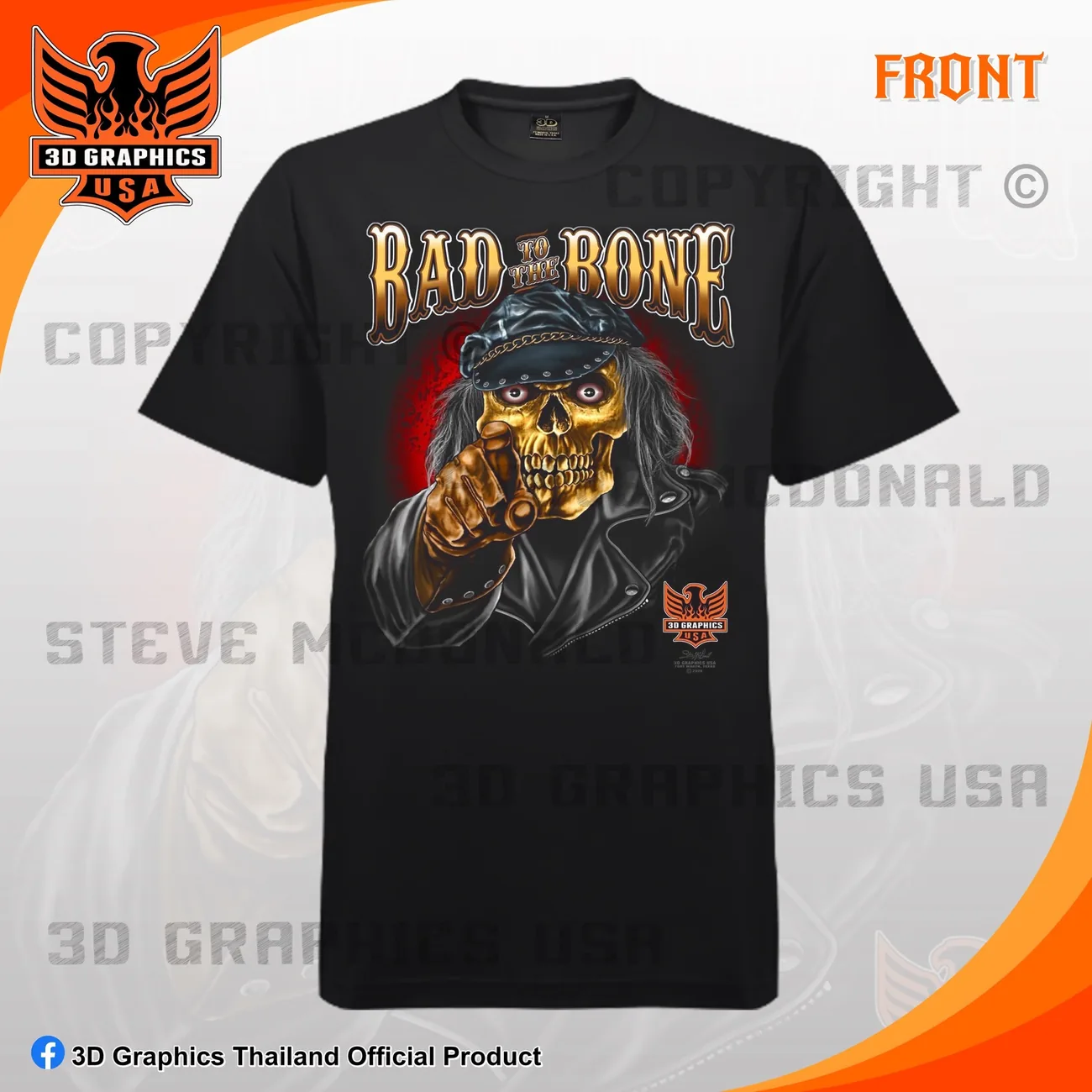 เสื้อยืดสกรีน 3D Graphics USA ลาย BAD TO THE BONE สีดำ ด้านหน้า