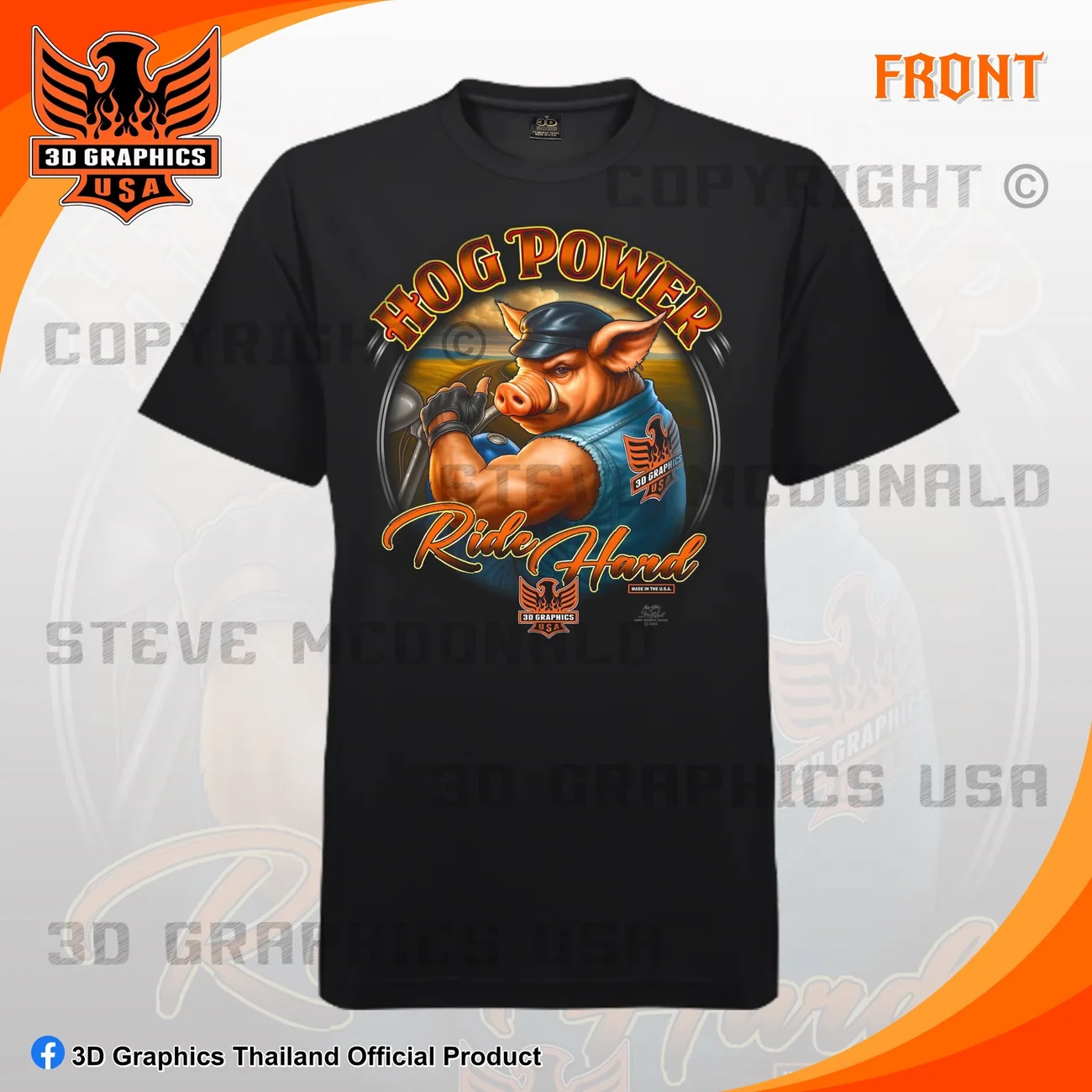 เสื้อยืดสกรีน 3D Graphics USA ลาย HOG POWER · RIDE HARD สีดำ ด้านหน้า