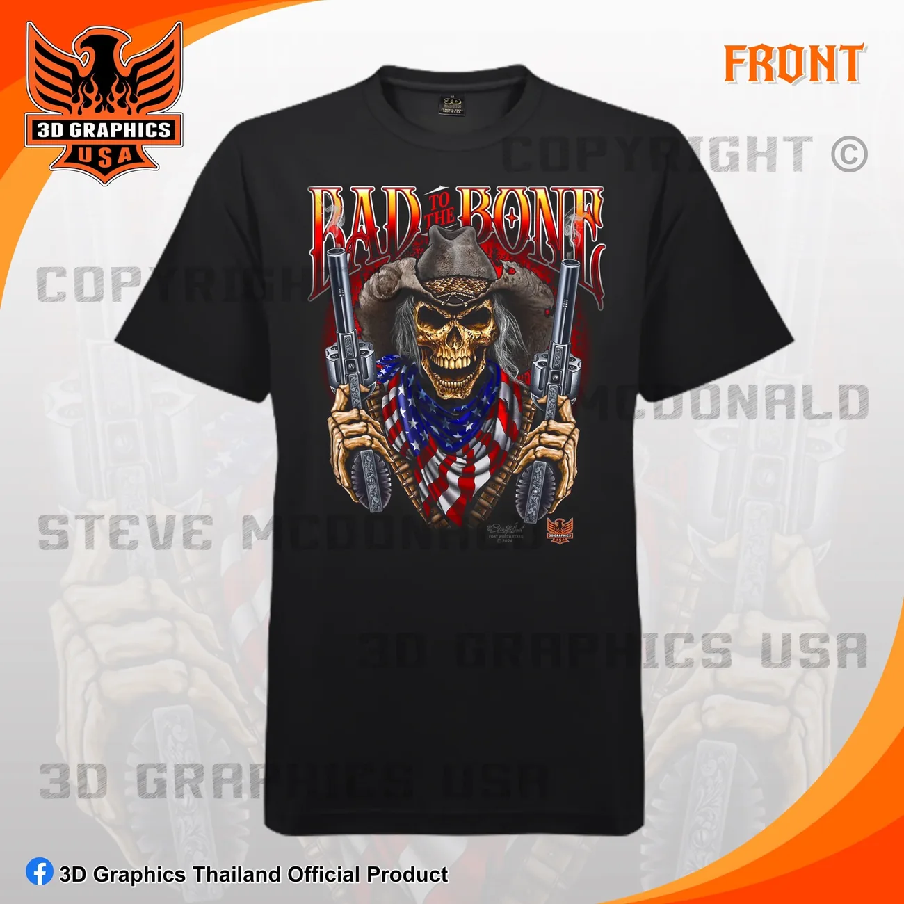 เสื้อยืดสกรีน 3D Graphics USA ลาย BAD TO THE BONE · OUTLAW สีดำ ด้านหน้า