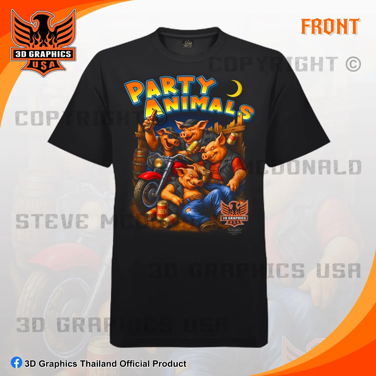 เสื้อยืดสกรีน 3D Graphics USA ลาย PARTY ANIMALS สีดำ ด้านหน้า