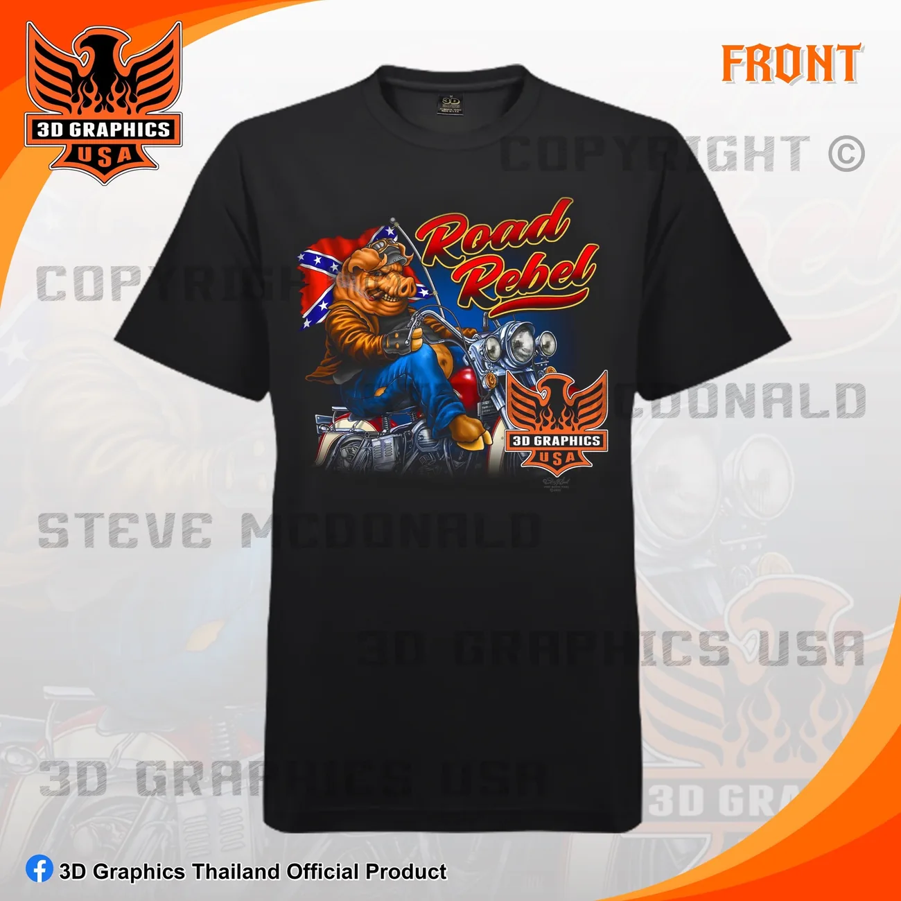 เสื้อยืดสกรีน 3D Graphics USA ลาย ROAD REBEL สีดำ ด้านหน้า